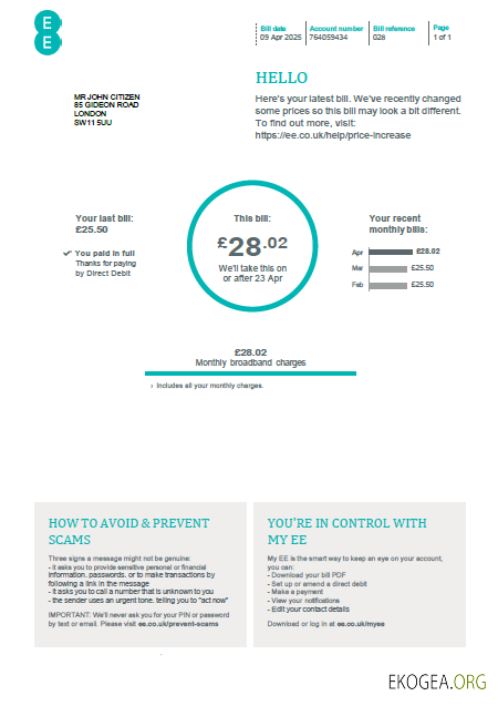 United Kingdom ee utility bill template in word and pdf formats template